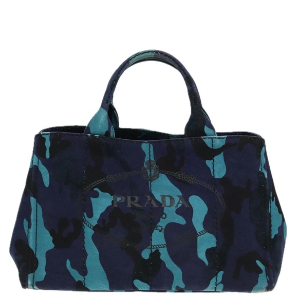 PRADA Camouflage Canapa MM Hand Bag Canvas 2way Blue Silver Auth - Main Image